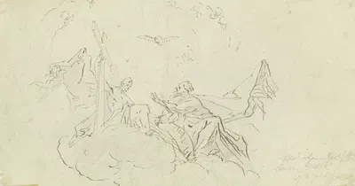 Ein Heiliger mit Kreuz vor dem auf Wolken thronenden Christus mit dem Kreuz, darüber die Taube des Heiligen Geistes by…