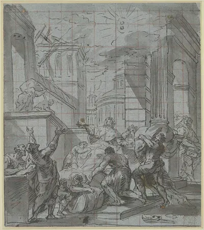 Sitzende Heilige, mit ausgebreiteten Armen zum Himmel blickend, in den Mauern einer Stadt by Christian Wink — digital art…
