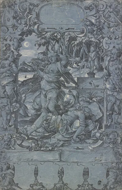 Thisbe an der Leiche des Pyramus, in der Rahmung links Daphne mit dem Amorknaben, rechts Apollo, vom Pfeile Amors…