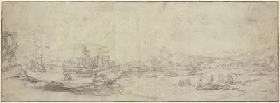 Bei einer ruinierten Festung eine Brücke über einen mit Kähnen befahrenen Fluß, links ein großes Schiff by Claude Lorrain —…