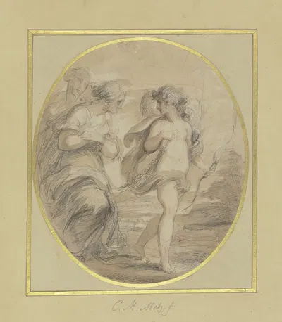 Jugendlicher Amor, der zwei junge Frauen an einer Kette führt by Конрад Мартин Мец — digital art print download