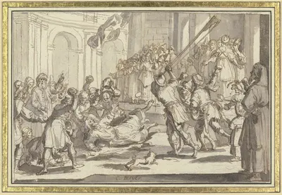 Martyrium des heiligen Jacobus des Jüngeren; Der Heilige wird von einer Volksmenge gesteinigt und mit dem Walkerholz…