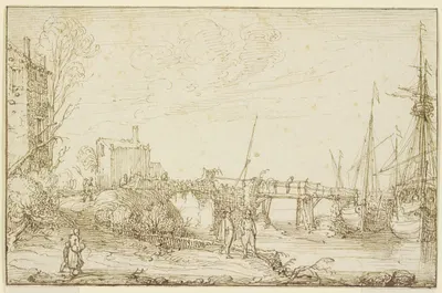 Zwei Schiffe liegen bei einer Brücke, links auf dem Wege mehrere Figuren by Cornelis Claesz. van Wieringen — digital art…