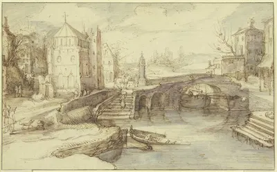 Stadtansicht mit einer Brücke, unter welcher ein Schiff durchfährt, dabei eine Treppe, die eine Frau mit einem Korbe…