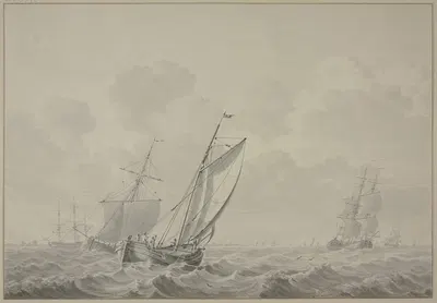 Bewegte See mit vielen Schiffen, vorne eine Barke mit vier Mann nach rechts segelnd by Корнелис де Гриент — digital art…
