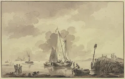 Rechts ein Damm auf welchem fünf Figuren sich aufhalten, auf einer Stange ein umgedrehter Korb by Корнелис де Гриент —…