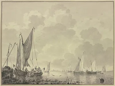 Ruhige See mit vielen Schiffen, links an einem Damm eine Barke und Boot, rechts eine Barke by Корнелис де Гриент — digital…