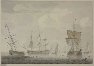 Ruhige See mit vielen Schiffen, links liegt ein Schiff auf dem Strand by Корнелис де Гриент — digital art print download