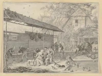 Bauernhof mit essendem, trinkendem, spielendem Volke by Корнелис Дюсарт, 1693 — digital art print download