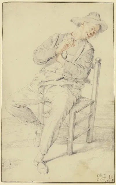 Rauchender Bauer auf einem Stuhl, nach rechts gewandt by Корнелис Дюсарт, 1687 — digital art print download