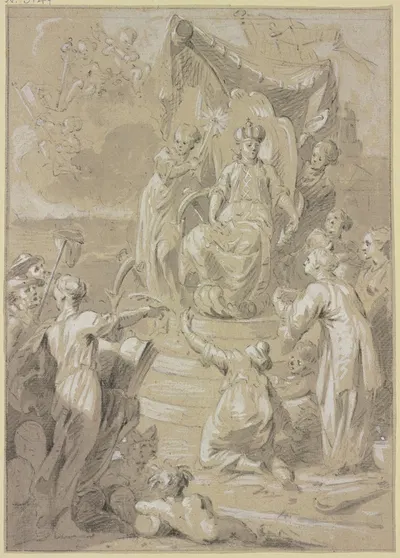 Allegorie auf das Königreich Holland; Hollandia auf dem Thron, umgeben von vielen allegorischen Figuren, die überseeischen…