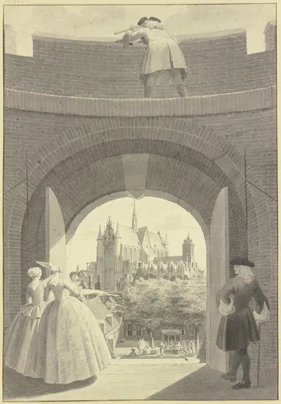 Die Hooglandse Kerk in Leiden, durch ein geöffnetes Tor in der Ringmauer der Burcht van Leiden gesehen by Корнелис Пронк —…
