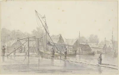 Schleusentor an einem Damm, auf dem Kanal viele Schiffe by Cornelis Saftleven — digital art print download