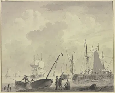 An einem Damm ziehen Matrosen ein Schiff vorbei by Корнелис Тхим — digital art print download