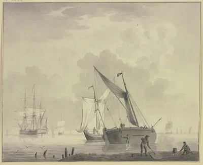 Ruhige See mit Schiffen, vorne rechts sind Matrosen mit dem Teeren eines Schiffes beschäftigt by Корнелис Тхим — digital…
