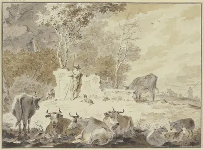 An altem Gemäuer steht links ein Hirte mit seinem Hund, umgeben von verschiedenem Vieh by Cornelis van Noorde — digital art…