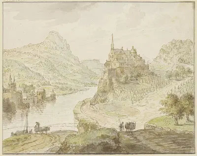 Fluß zwischen Bergen, rechts auf einem Felsen ein Kloster by Cornelis Verdonck — digital art print download