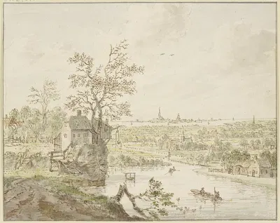 Flußgegend, in der Ferne das Meer mit einer Stadt by Корнелис Вердонк — digital art print download
