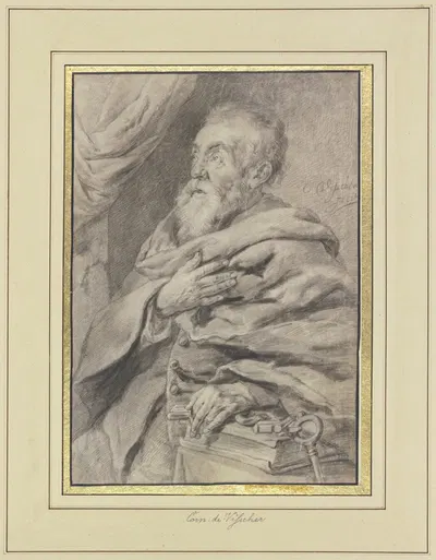 Der Heilige Petrus, die linke Hand auf einem Buche und den Schlüssel haltend, die rechte auf der Brust by Cornelis Visscher…