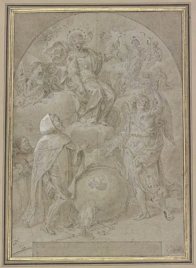Geharnischter Mönch kniet vor einer Weltkugel, ein Engel deutet auf Maria, diese nach Christus by Cristoforo Roncalli —…