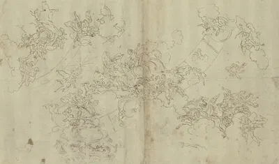 Tierkreis mit Jupiter und Merkur, vor denen ein Fürst sitzt, rechts unten Phoebus auf dem Sonnenwagen, links oben der Gott…
