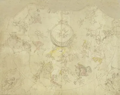 Dreieinigkeit, Maria und Heiligen auf Wolken und Szenen aus Heiligenlegenden, in zwei Eckzwickeln die Heiligen Ambrosius…