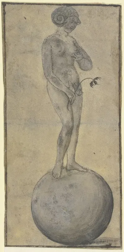 Stehende weibliche Aktfigur auf einer Kugel, in der Rechten einen Zweig haltend by Daniel Hopfer — digital art print download