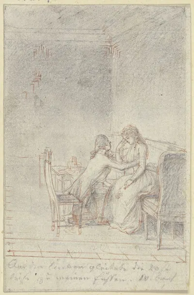 Auf einem Sofa rechts sitzt eine junge Dame by Даниэль Николай Ходовецкий — digital art print download