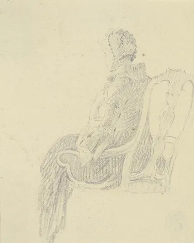 Eine Dame mit Haube auf einem Lehnstuhl sitzend, nach links gewandt, fast von hinten gesehen by Даниэль Николай Ходовецкий…