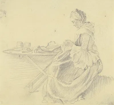Junge Dame mit Handarbeit, im Profil nach links, neben einem Tisch sitzend by Даниэль Николай Ходовецкий, 1759 — digital…