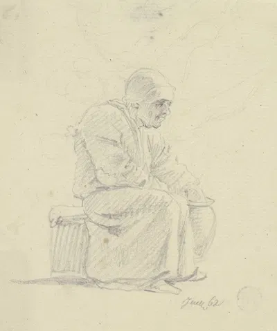 Sitzende alte Frau im Profil nach rechts, mit der Linken in einen neben ihr stehenden Topf greifend by Даниэль Николай…