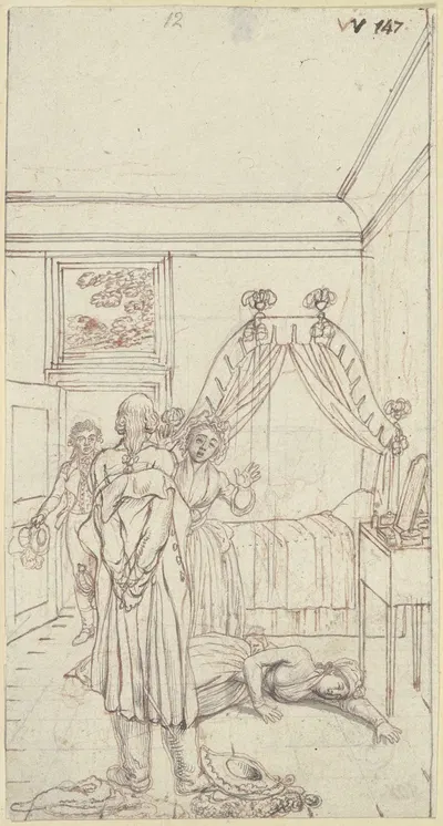 Vor einem Himmelbett im Hintergrund des Zimmers liegt Clarissa ohnmächtig am Boden by Даниэль Николай Ходовецкий — digital…