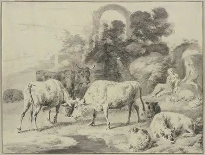 Cow herd with shepherds by Дирк ван Берген, 1690 — digital art print download