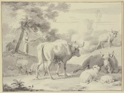 Kühe und Schafe, links unter einem Baum Hirte und Hirtin by Дирк ван Берген — digital art print download