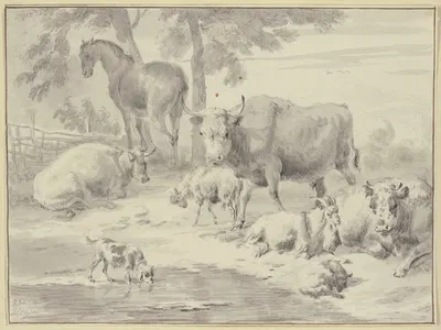 Kühe, Schafe, eine Ziege, ein Pferd und ein Hund bei einem Wasser by Дирк ван Берген — digital art print download