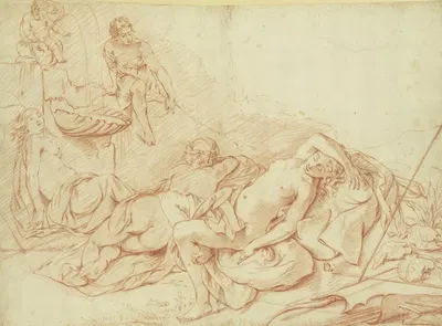 Drei schlafende Nymphen von einem Jüngling belauscht by Dirck van der Lisse — digital art print download