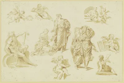 Studienblatt; Amoretten und weibliche Figuren, links ein Flußgott by Донато Крити — digital art print download