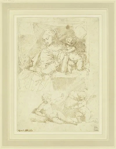 Maria mit dem Jesuskind und dem Johannesknaben, darunter lagernder Knabe mit Putto by Донато Крити — digital art print…