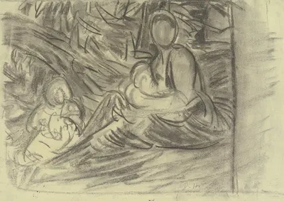 Sitzende Frau mit zwei Kindern by Дора Хиц — digital art print download