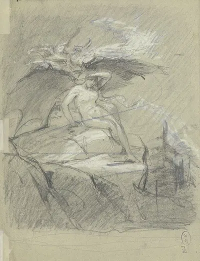 Geflügelter weiblicher Akt auf einem Felsen by Dora Hitz — digital art print download