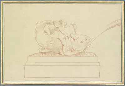 Wasser speiender Delphin nach links mit einer Amorette by Эдме Бушардон, 1737 — digital art print download