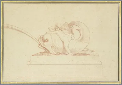 Wasser speiender Delphin nach rechts mit einer Amorette by Эдме Бушардон, 1737 — digital art print download