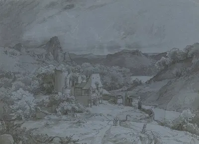 Burgruine mit Fachwerkanbauten in einer Felslandschaft by Эдуард Вильгельм Позе, 1834 — digital art print download