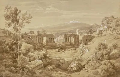 Das antike Theater von Taormina, im Hintergrund der rauchende Ätna by Эдуард Вильгельм Позе, 1845 — digital art print…