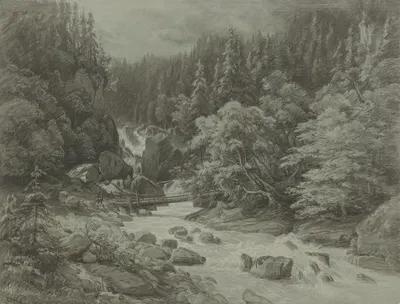 Wildbach in Tirol mit einer Brücke by Эдуард Вильгельм Позе — digital art print download