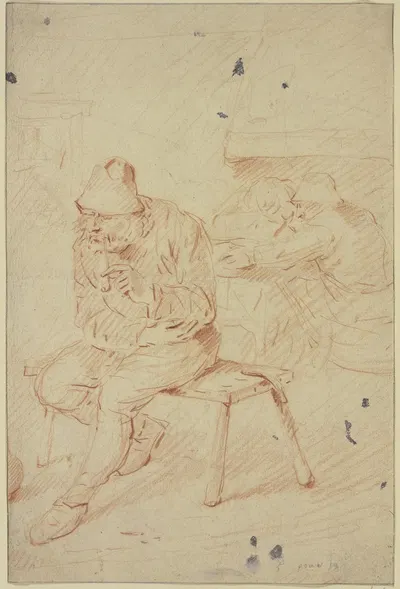 Ein rauchender Bauer sitzt auf einer Bank, im Hintergrund umarmt ein Mann eine Frau by Egbert Van Heemskerck — digital art…