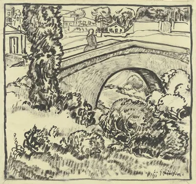 Landschaft mit Brücke und Ortschaft by Engelbert Gminska — digital art print download