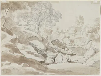 Fels- und Baumpartie bei Massa by Эрнст Фриз, 1825 — digital art print download