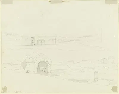 Oben römische Campagna mit Brückengebäude, unten Blick von der Grotte der Egeria zum Grabmal der Cecilia Metella an der Via…