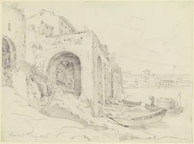 Tiberufer in Rom mit der Fähre bei der Farnesina by Эрнст Фриз, 1826 — digital art print download